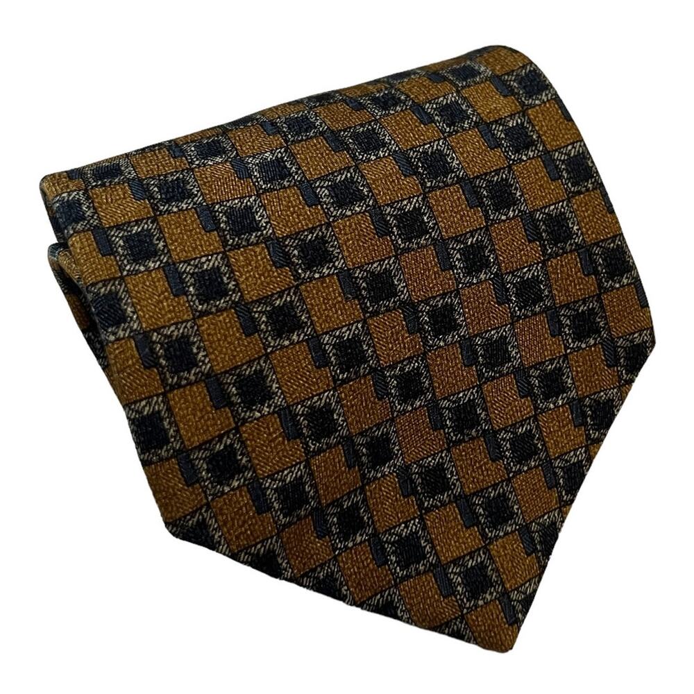 Kenneth Cole Gold Blue Square Windowpane Lattice Geometric Pattern Silk Tie